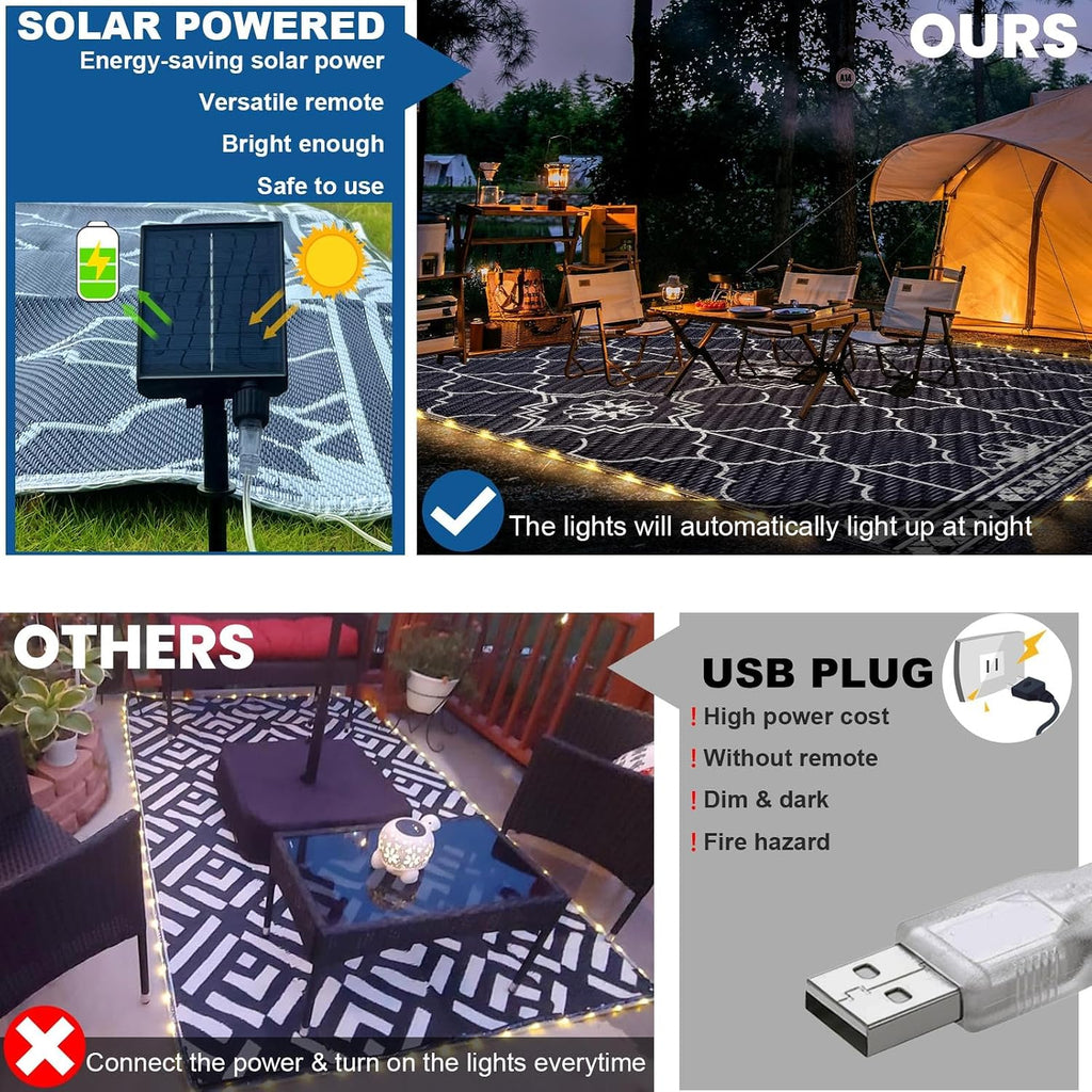 Lighted Outdoor Rug 8x10 ft, Solar Powered Patio Rug with 113 LED Lights, Waterproof Plastic Reversible Outdoor Straw