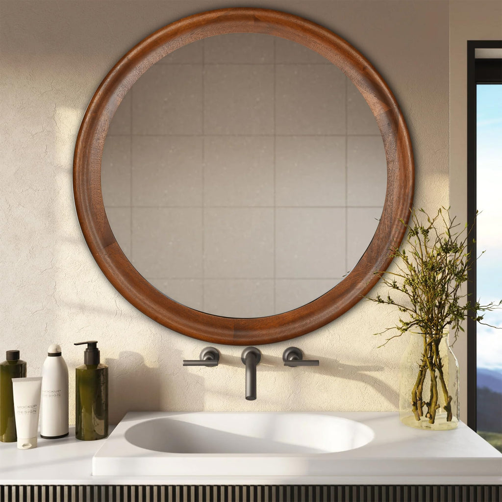 Round Wall Mirrors 30 Inch,Wood Mirror with Walnut Frame