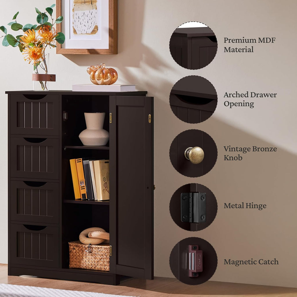 Small Bathroom Storage Cabinet with 4 Drawers & Door, Espresso | Floor Cabinet Organizer , 3-Position Adjustable