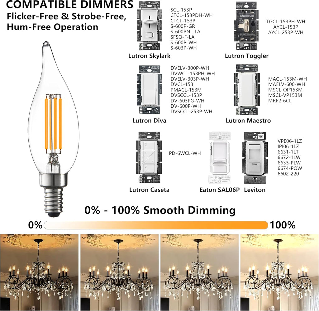CA10 E12 LED Candelabra Light Bulbs 40W Dimmable 6 Pack