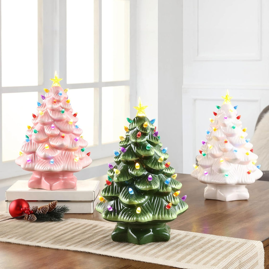 Nostalgic Ceramic Christmas Tree with LED Lights Indoor Decoration, 14 Inches, White