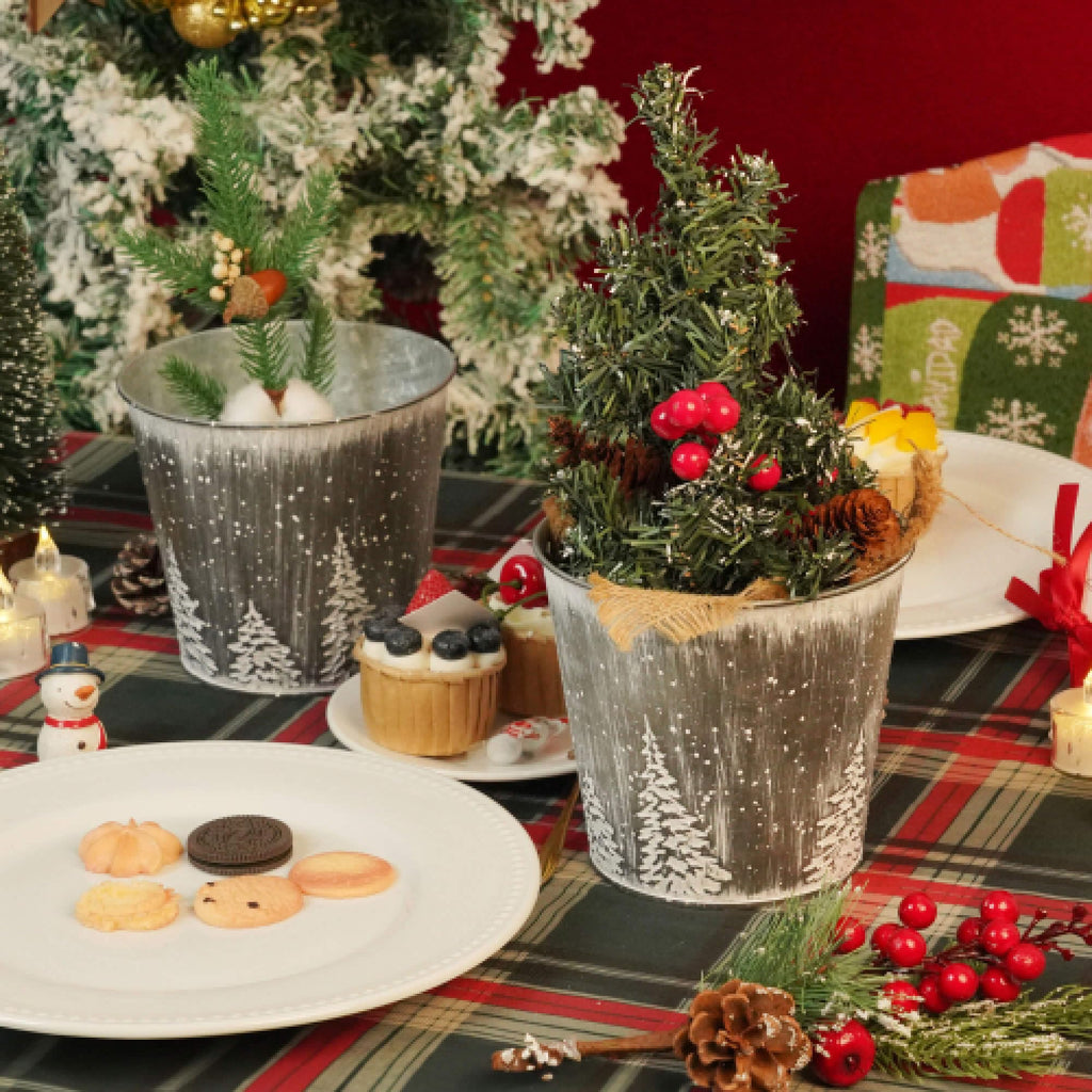 Christmas Galvanized Buckets, Silvery Small Metal Bucket Christmas Ice Buckets, Farmhouse Pails Plants Flowers Tin