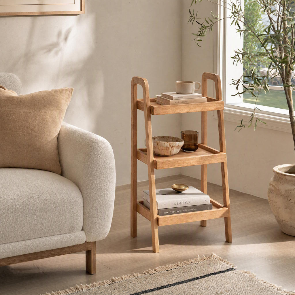 Small Bookshelf for Small Spaces, Oak Ladder Shelf, Solid Wood Bookcase