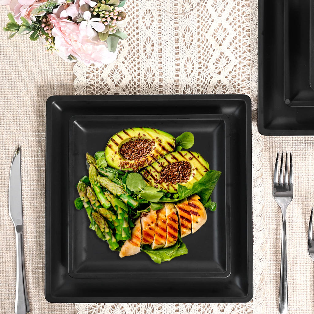 12 Piece Melamine Plates and Bowls Sets,Black Square Dinnerware Set for 4