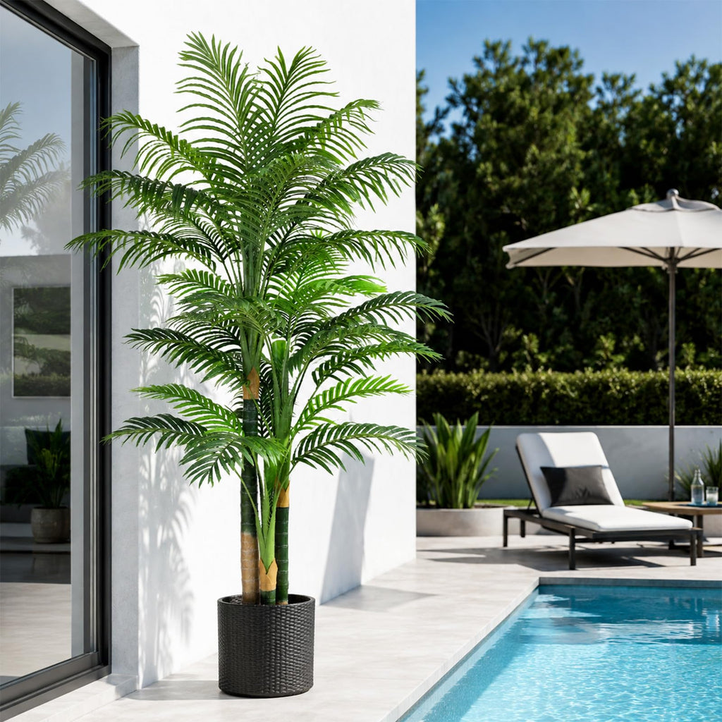 7FT Artificial Palm Tree - Tropical Faux Golden Cane Palm Tree UV Resistant Tall Fake Plant Indoor with Black Pot