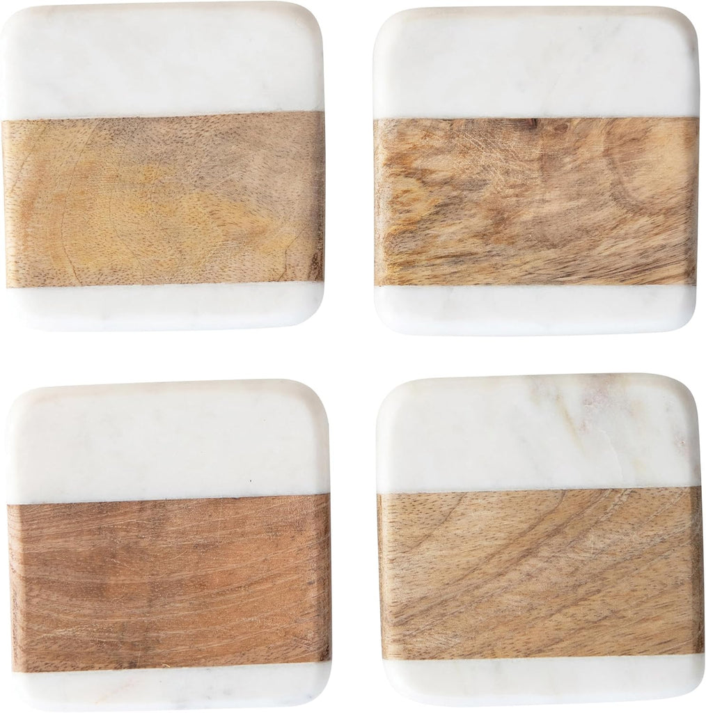 Marble & Acacia Wood Coasters, White & Natural - Set of 4