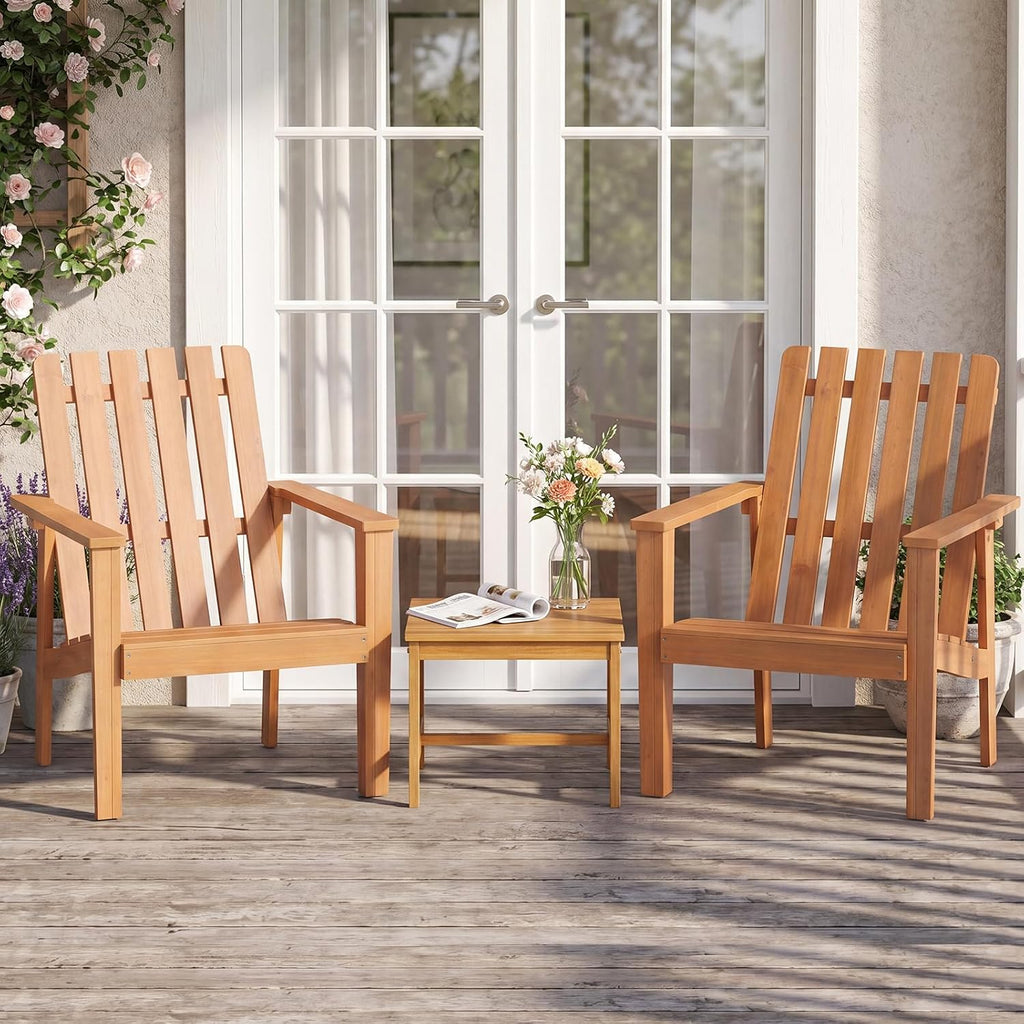 Adirondack Chair Set of 2 with Side Table, Outdoor Patio Chairs with Built-in Backrests and Armrests, Acacia Wood