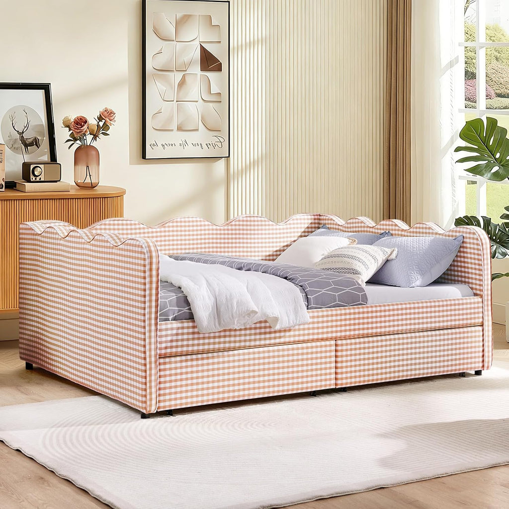 Queen Size Gingham Daybed with Storage Drawers, Upholstered Linen Day Bed Frame with USB Ports & Wave-Shaped