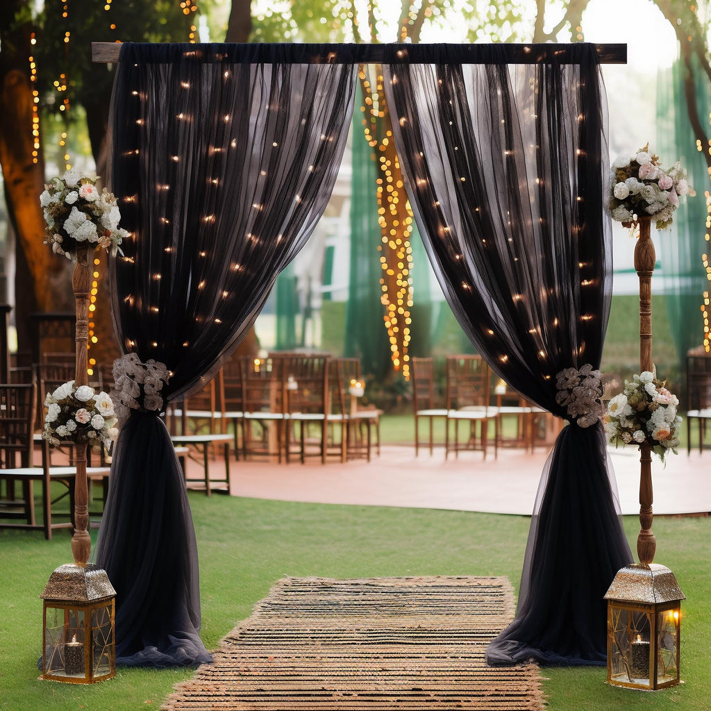 10x10ft Black Tulle Backdrop Curtain with Lights String for Parites, Sheer Photo Backdrop Drapes for Wedding Baby