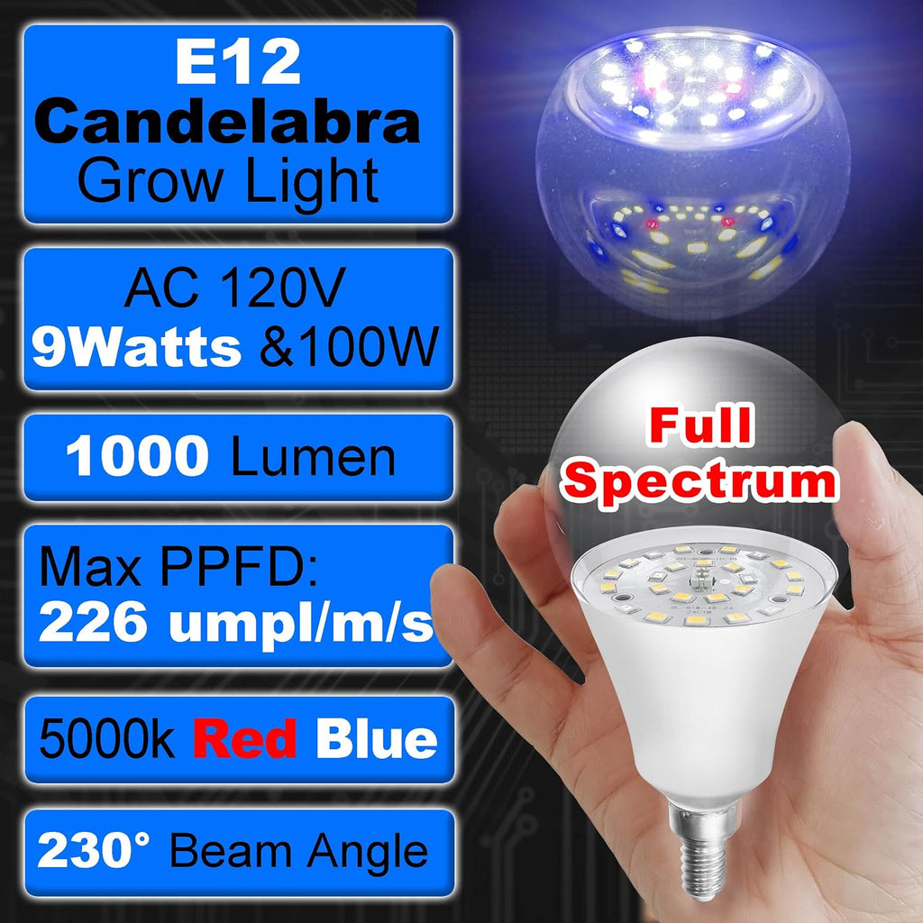 E12 Candelabra Small Base Grow Light Bulbs with Blue Red 5000K LEDs, 3 Pack