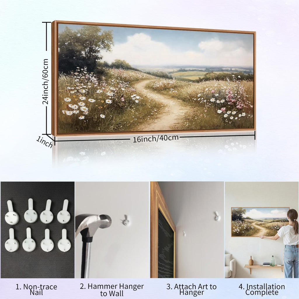 Rustic French Country Framed Canvas Wall Art, Vintage Flower Field Wall Decor, Calming Nature Landscape Art