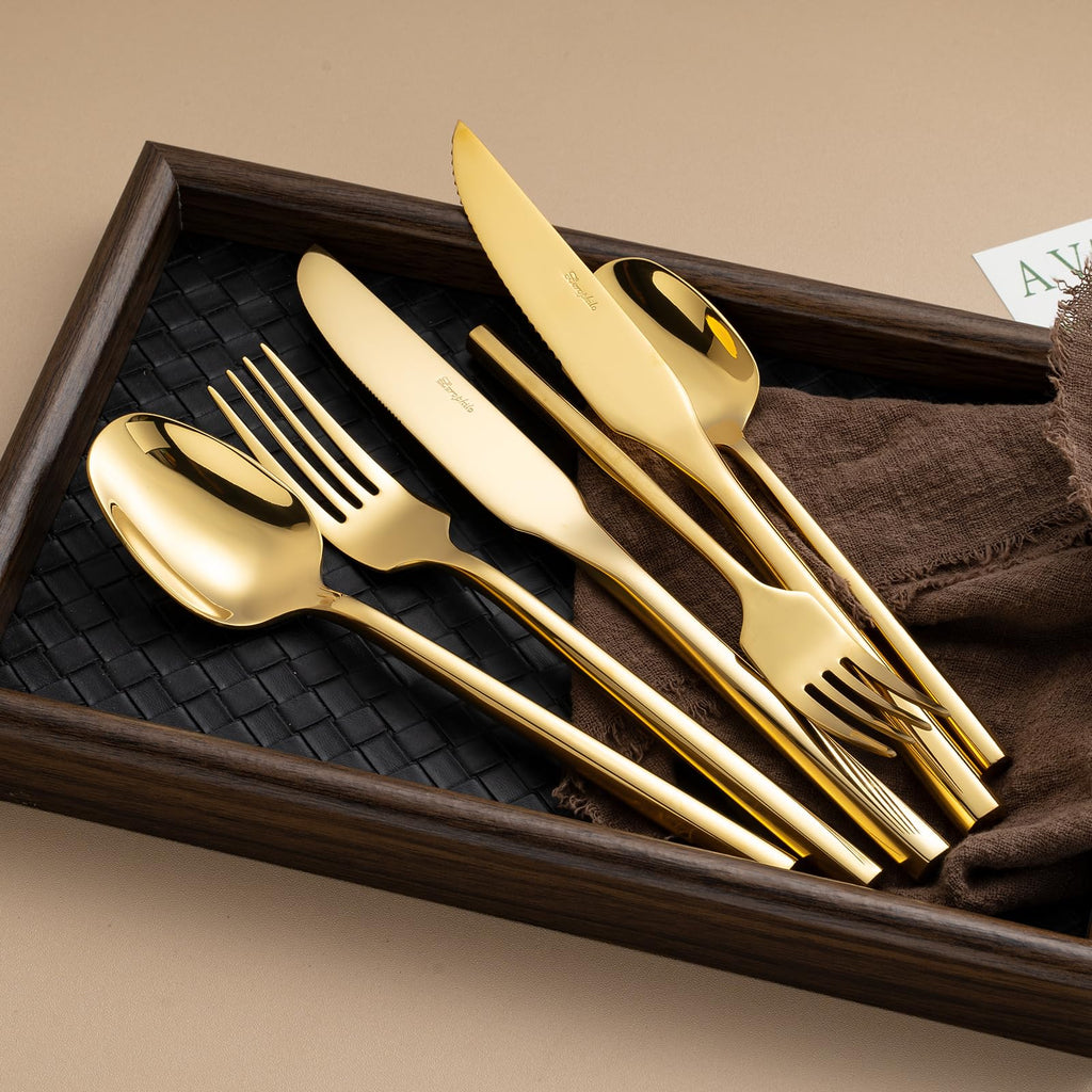 Gold Silverware Set with Steak Knives, Flatware Set with Hexagon Handle 24 Pieces 18/0 Stainless Steel Mirror