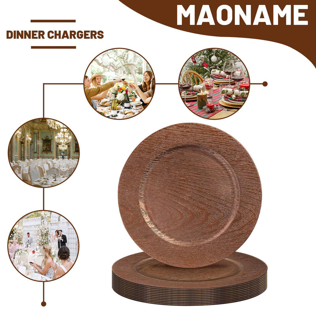 Dark Brown Charger Plates Set of 12, Faux Wood Plate Chargers