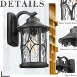Modern Outdoor Wall Lights, 12 Inch Exterior Wall Lantern, Cast Aluminum with Water Ripple Glass, Black Finish