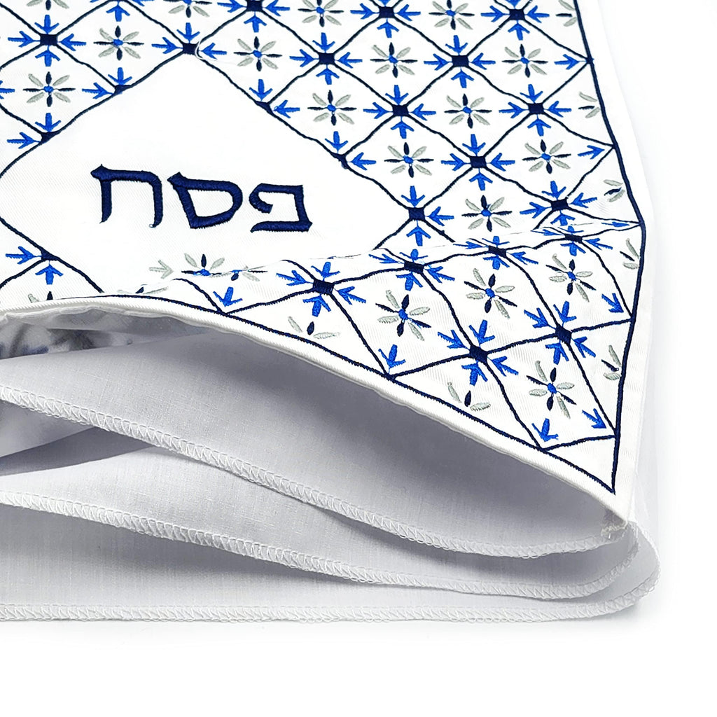 Embroidered Passover Matzah Cover for Passover, Argyle Blue Design