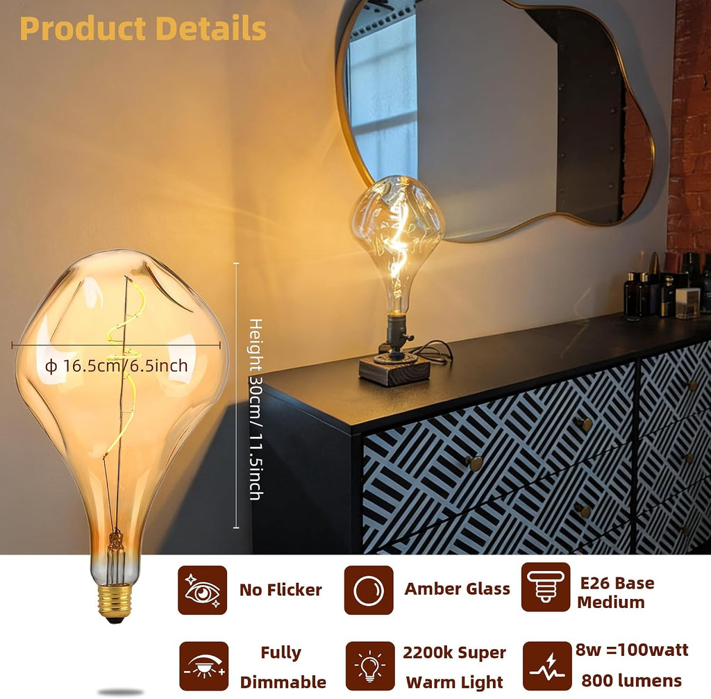Oversized Vintage Lrregular Giant Edison LED Bulb,2200K Dimmable,8W E26 1PK