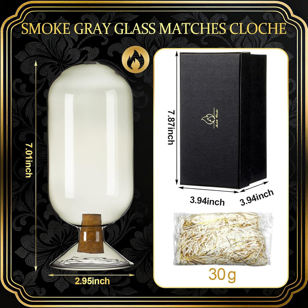 Smoke Gray Glass Match Cloche Holder Decorative Matches Jar Gift Set Fireplace Display Decor with Black Gift Box