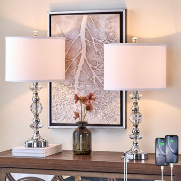 25.5" Crystal Table Lamps Set of 2, Modern Bedside Nightstand Lamps with USB A+C Charging Ports with White Shade, 3