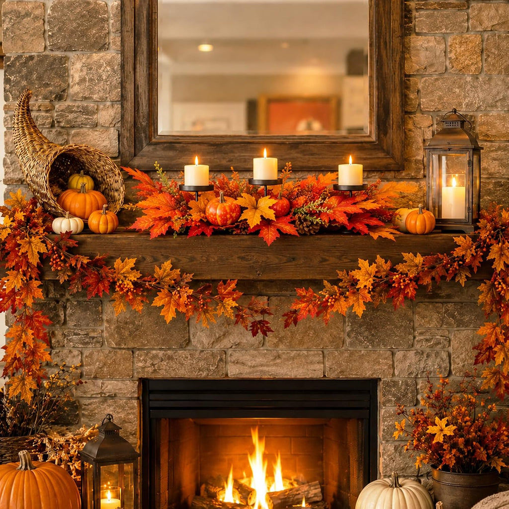 27.56" Fall Candle Holder Centerpiece, Thanksgiving Table Decor with Metal Candle Cups Large Foldable Autumn Leaves