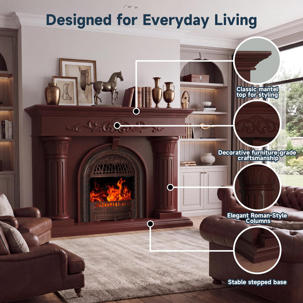 52" Electric Fireplace with Mantel Solid Wood Fireplace TV Stand, Cherry