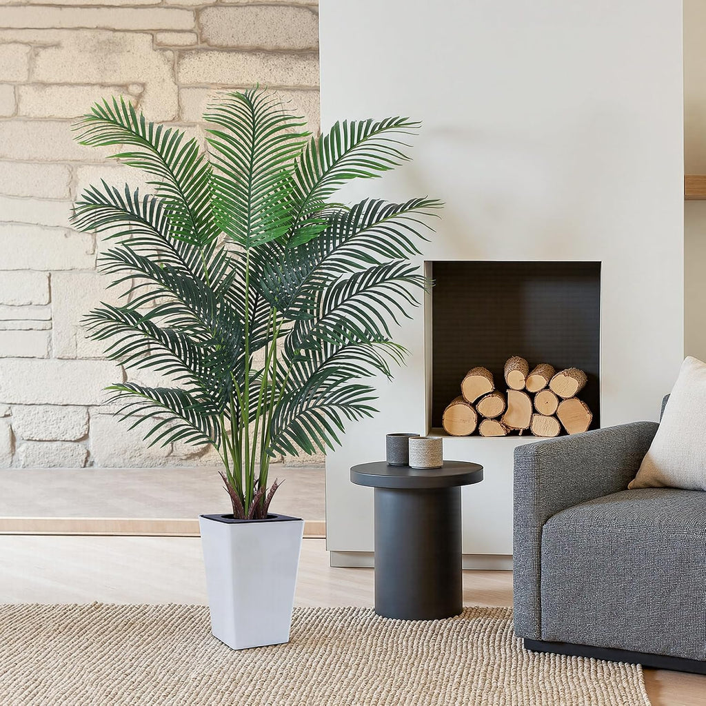 Artificial Palm Tree with White Tall Planter, 6ft Tall Potted Artificial Silk Palm Tree Plant, Fake Tropical Plant