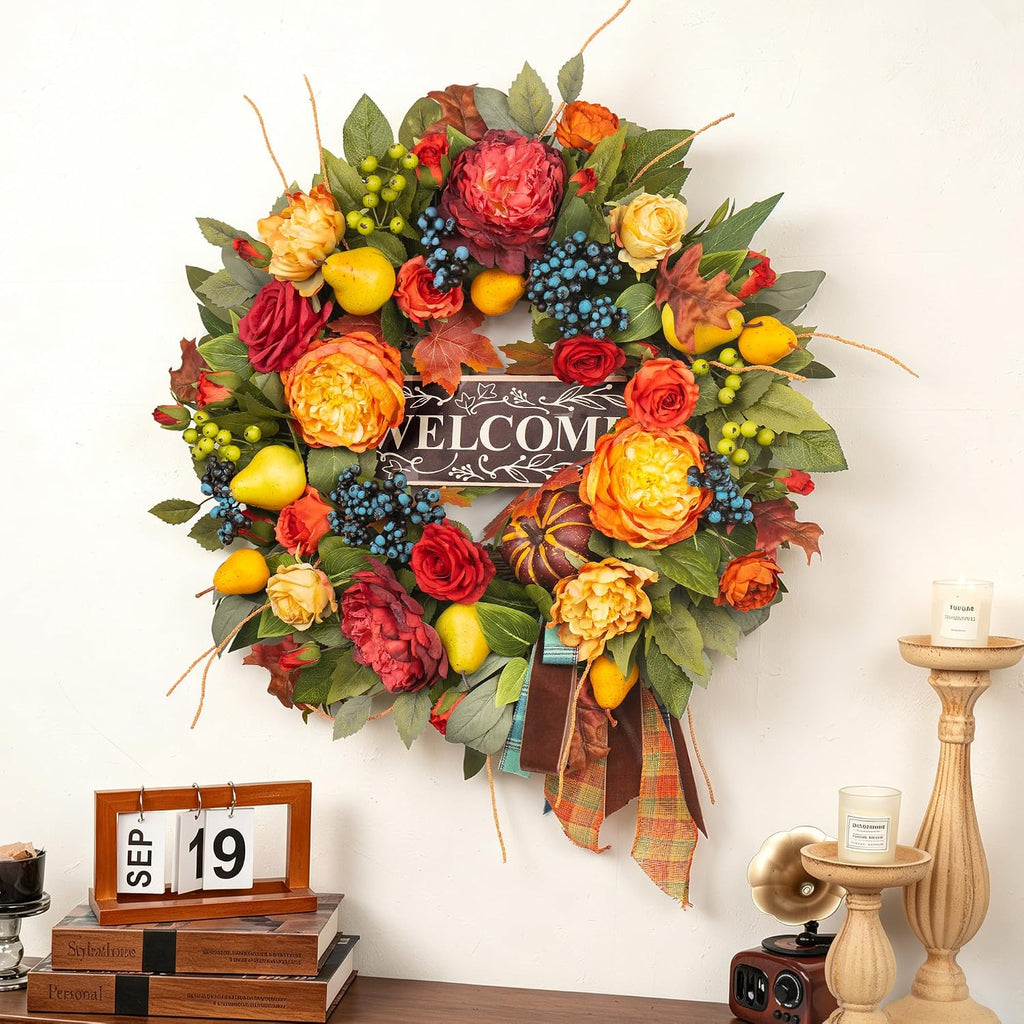 Fall Wreaths for Front Door, 24 in Autumn Harvest Wreath for Thanksgiving - Set of 5