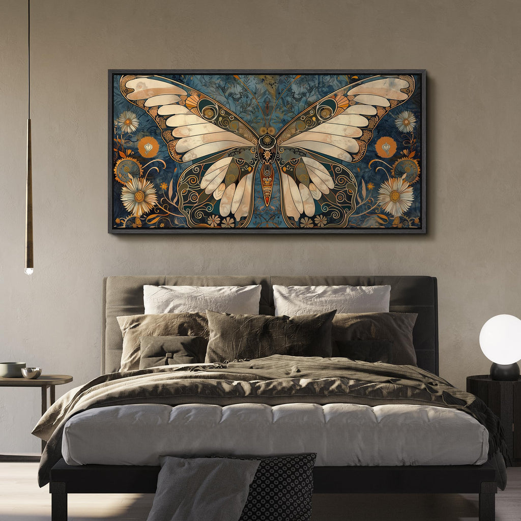 Extra Large Framed Canvas Ornate Butterfly and Flowers Vintage Style Illustrations Modern Art Calm Warm - 60"" x30