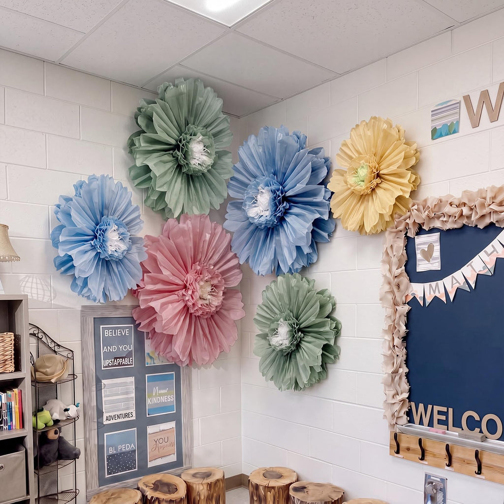 6 Pcs 31.5", 24" Boho Giant Paper Flower Morandi Back to School Bulletin Board Decoration Large Green Blue Classroom
