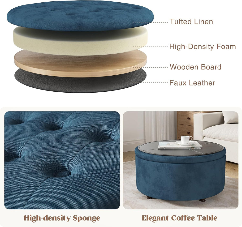 30 Inch Round Storage Ottoman,Modern Blue Tufted Ottomans,Circular Coffee Table with Removable Top,Upholstered Large