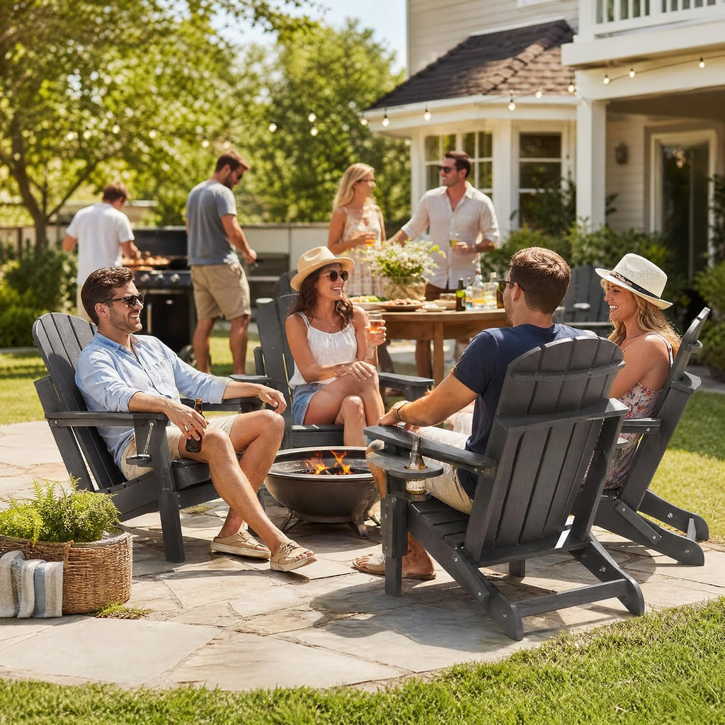 HDPE Folding Adirondack Chair, Outdoor Patio Chair with Cup Holder, Weather Resistant, Fire Pit Porch Deck Garden