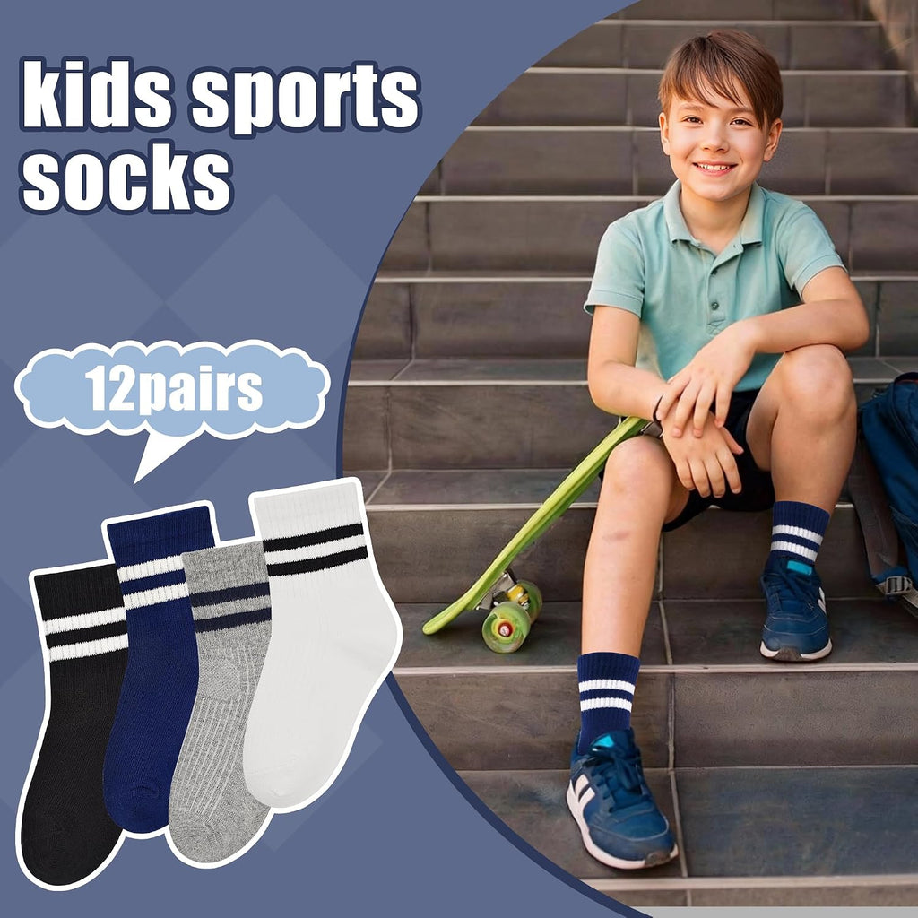 12 Pairs Boys Crew Socks, Kids Athletic Stripes Socks Toddler