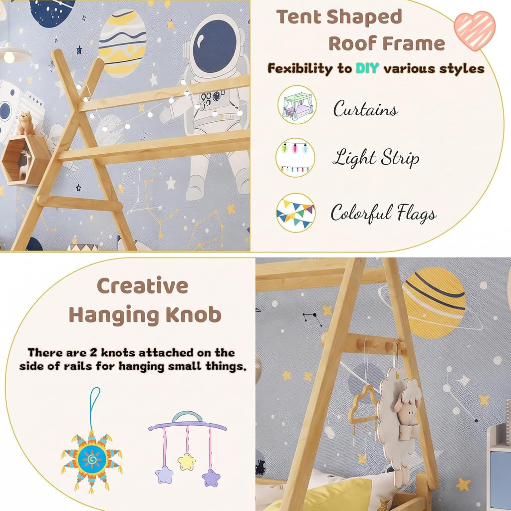 Full Tent-Shaped Bed for Kids with LED Light, Teepee Floor Bed with Guardrails, Wooden Montessori Bed Frame