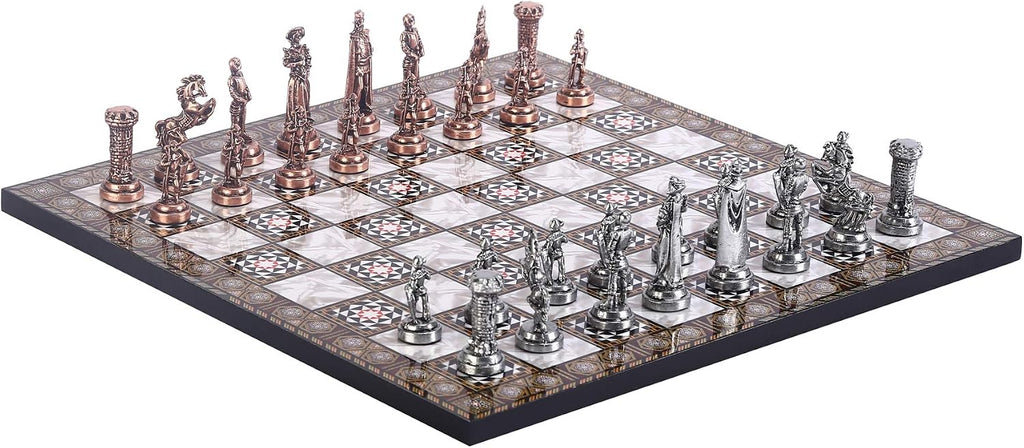 Medieval British Army Antique Copper Metal Chess Set for Adults, Handmade Pieces and Mosaic Design Wooden Chess Board - Set of 32
