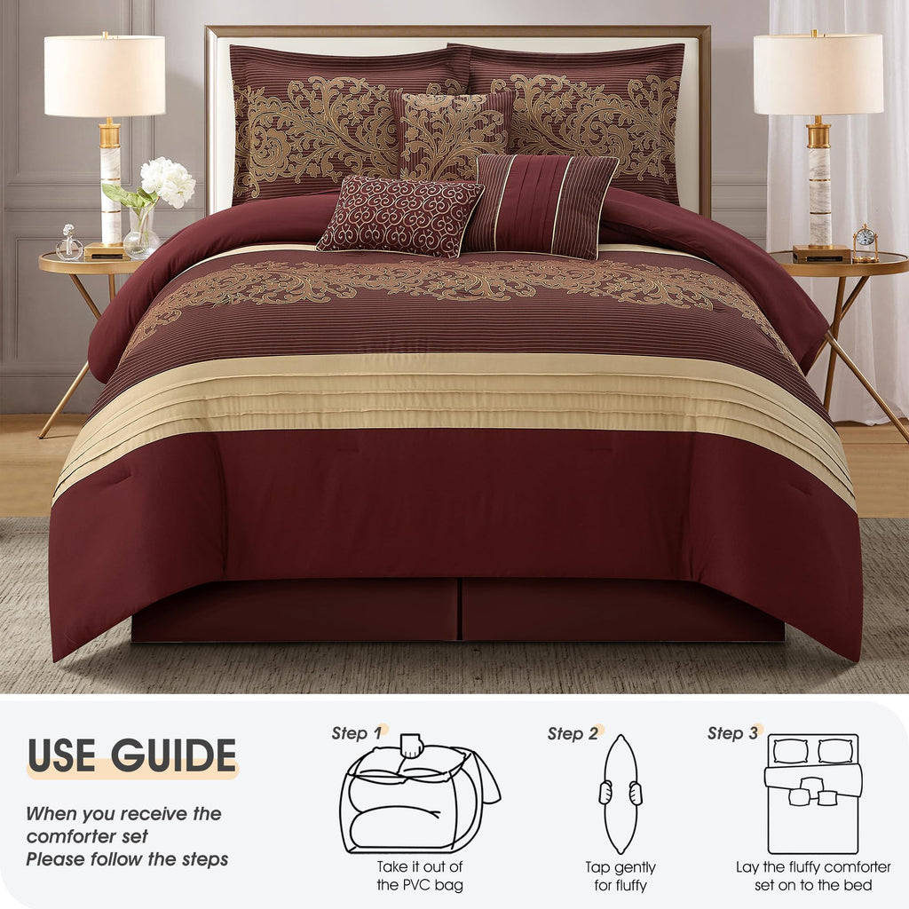 Red Gold Comforter Set, Damask Jacquard with Matching Solid Piece Work, 7 Piece Soft Bedding Set for All