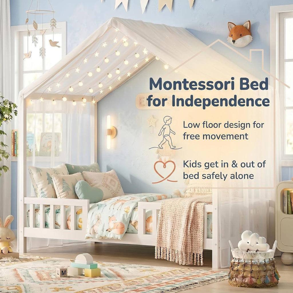 Tw Bed for Kids with High Rails, Montessori Floor Bed Twin with Roof & Canopy, Wood House Beds Frame for Boys Girls