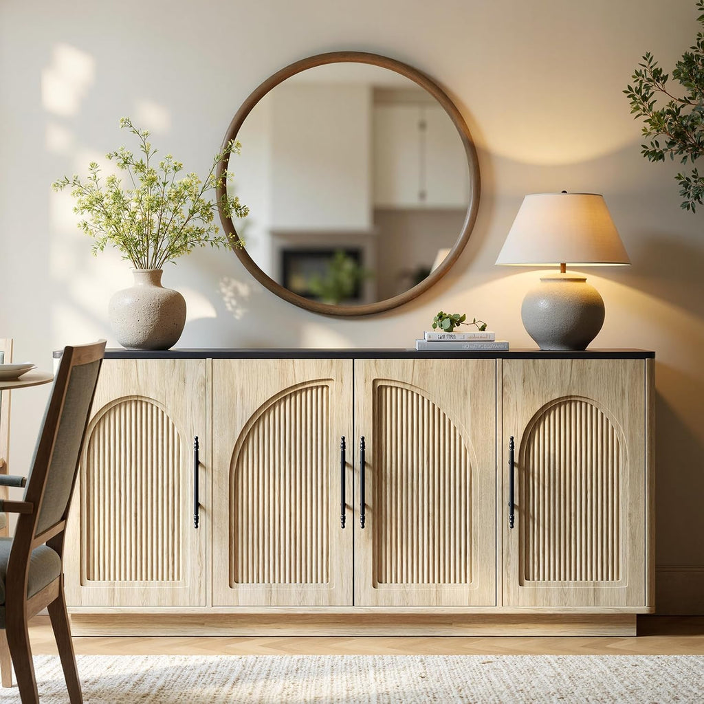 67IN Oak Fluted Sideboard Buffet Cabinet with Storage | Large Wood Storage Cabinet with Arched Door, Dining Room