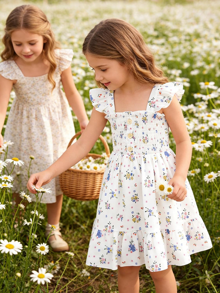 Toddler Girl Floral Smocked Dress, Sleeveless Chiffon A-Line Sundress for Summer Beach Party