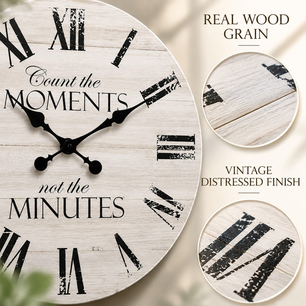 24 Inch Inspirational Farmhouse Wall Clock, Silent Non-Ticking, White Distressed Shiplap Wood, Battery Operated
