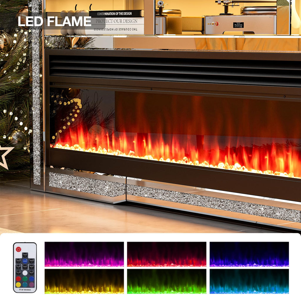 Mirrored Fireplace TV Stand for 65+ inch TV, Silver TV Console Table with Crushed Diamond and LED, Modern Media