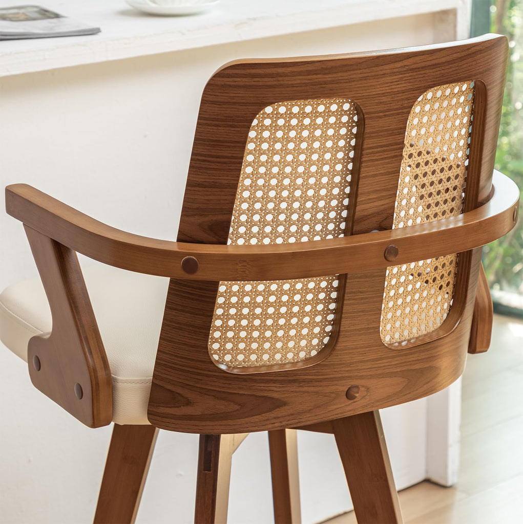 Mid Century Counter Stools, Rattan Swivel Counterstools with Walnut Finish