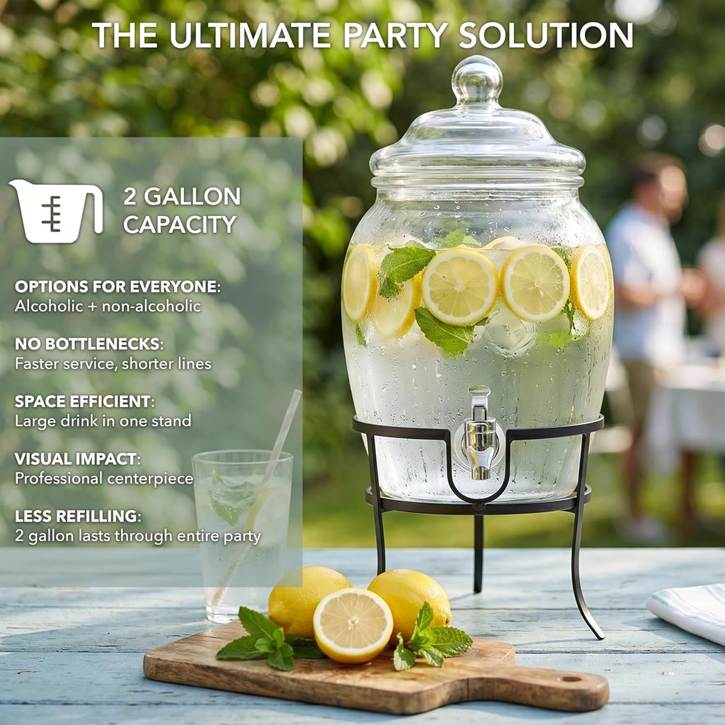 Beverage Dispenser Cold Drink Dispenser w/ 2-Gallon Capacity Glass Jug, Metal Stand & Leak-Proof Acrylic Spigot
