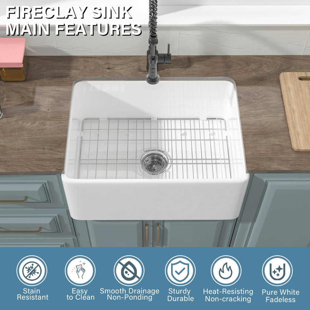 24" x 18" Fireclay Apron Front Farmhouse Sink White
