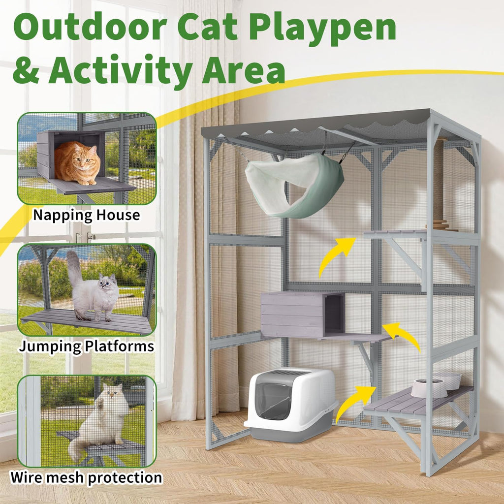 Large Catio Outdoor Cat Enclosure with Weatherproof Roof, 69.3" Walk-in Cat House for Multiple Cats, 3-Tier Wooden