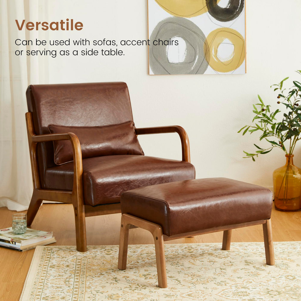 Rectangle Ottoman Bench, Modern Coffee Leatherette Footstool with Walnut Rubberwood Legs