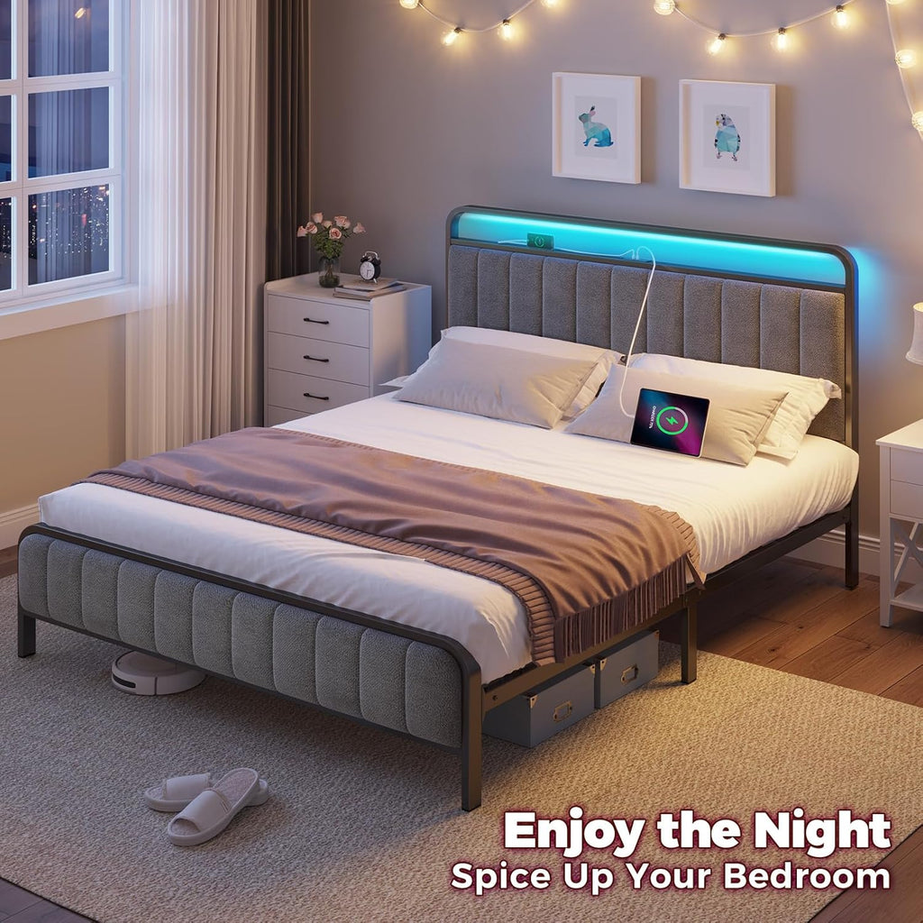Full Bed Frame with LED Light and Charging Station, Upholstered Headboard and Footboard, Metal Slat, Noise Free