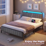 Full Bed Frame with LED Light and Charging Station, Upholstered Headboard and Footboard, Metal Slat, Noise Free
