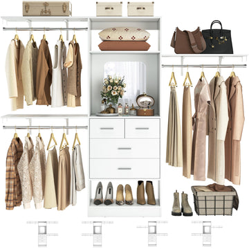 8FT Closet System with 4 Drawers, 96" Wood Closet Organizer with Mirror and Hanging Rods, Sturdy Walk in Wardrobe