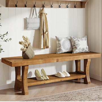 Solid Wood Entryway Bench, 55" End of Bed Bench, Long Indoor Dining Seat, Easy Assembly, Brown