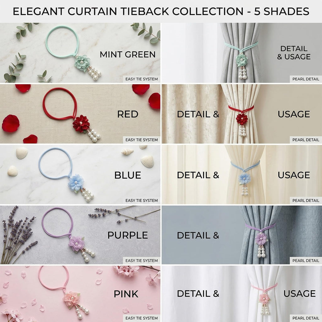 Adjustable Curtain Tiebacks, 4-Pack Hand-Woven Rope with Silk Flower & Pearl, Decorative Window Cord Holders