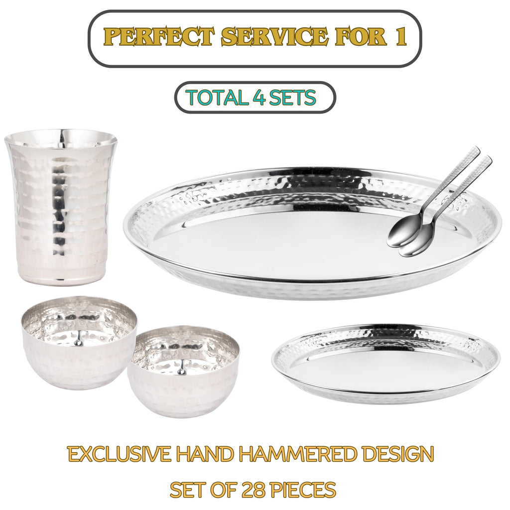 Stainless Steel Dinnerware Hammered 28-Piece Dinner set Dishwasher safe ~ Indian Style (Service for 4)